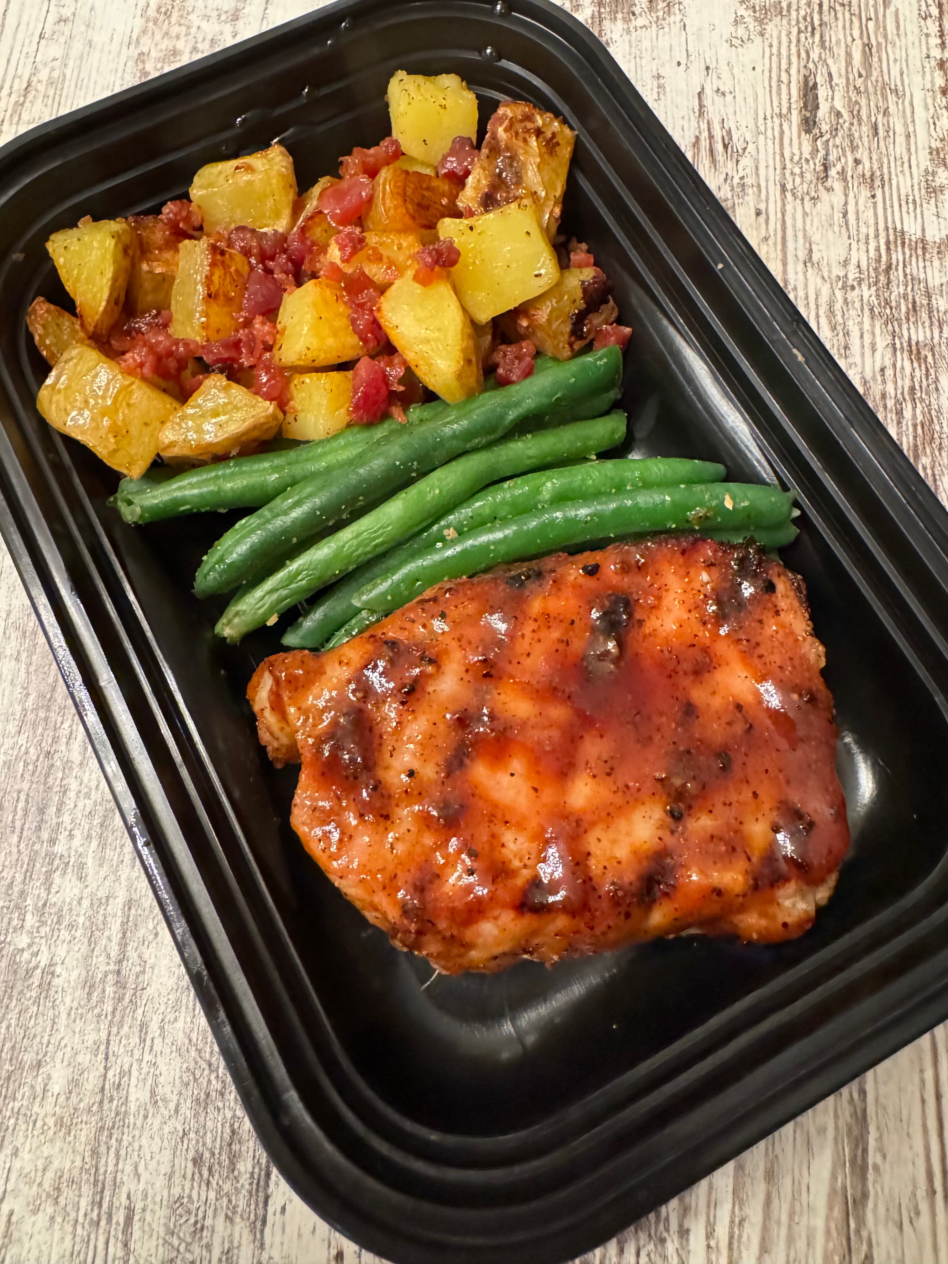 Bourbon Apple BBQ Pork Chops w/ Honey Bacon Roasted Potatoes