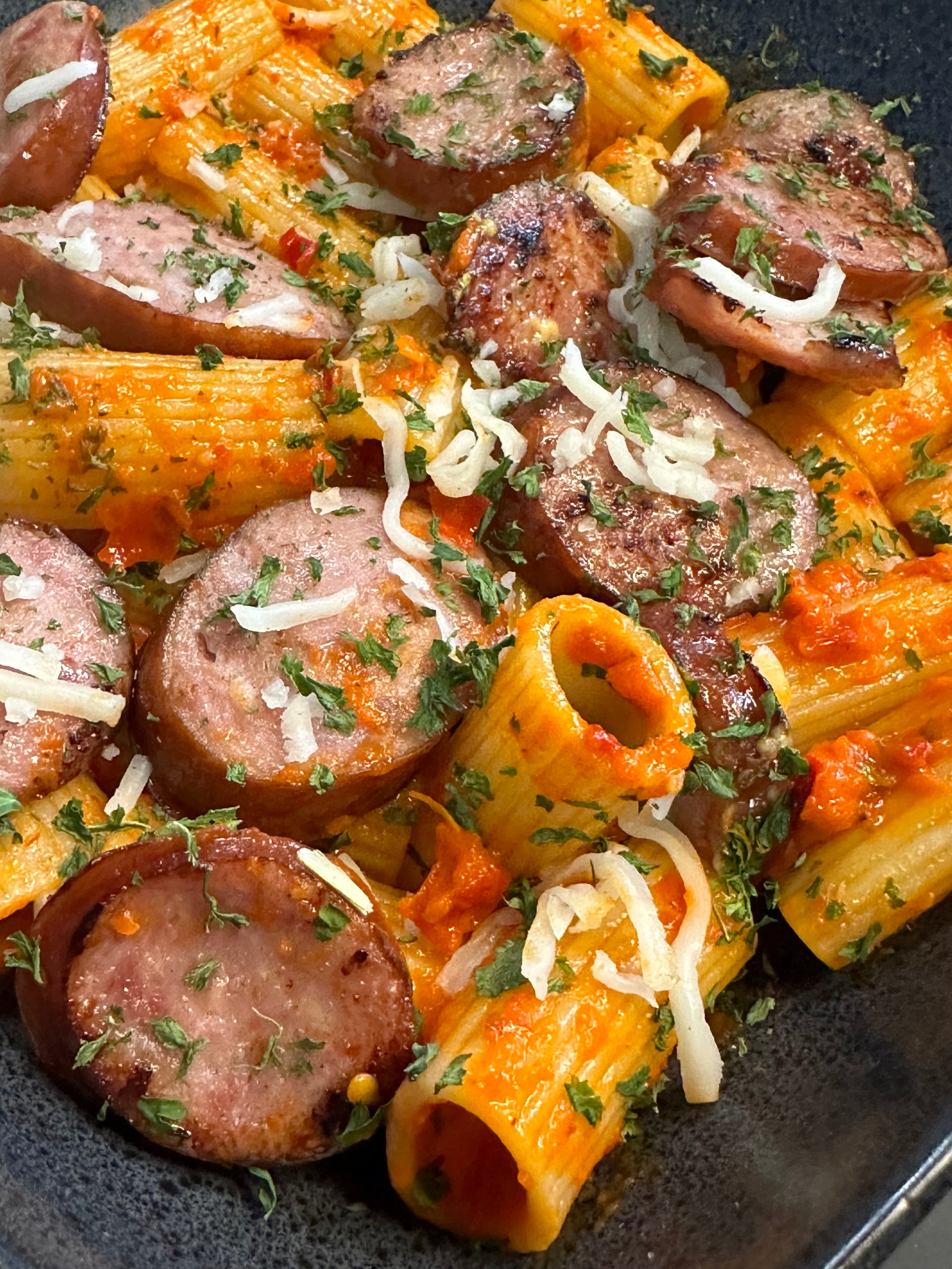 Creamy Roasted Red Pepper Pasta w/ Cheddar Sausage