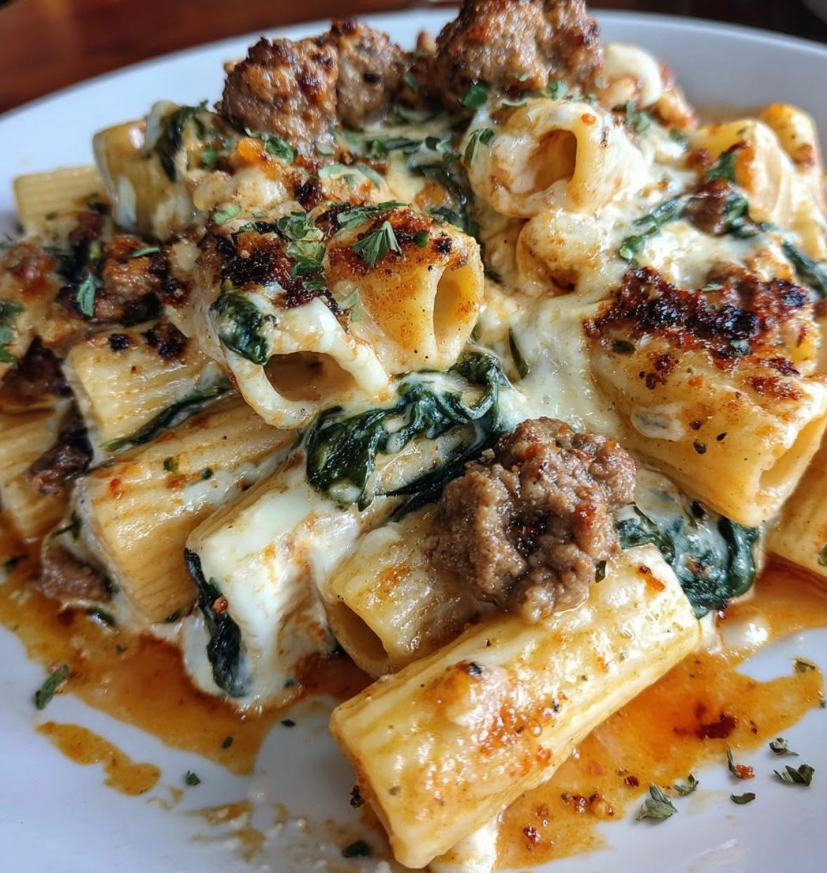 Italian Sausage & Beef Rigatoni in Creamy Garlic Butter Sauce