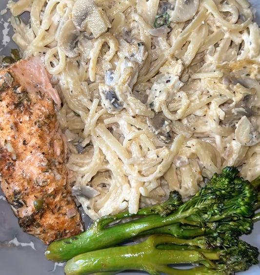 Salmon w/ Creamy Mushroom Linguine & Broccolini