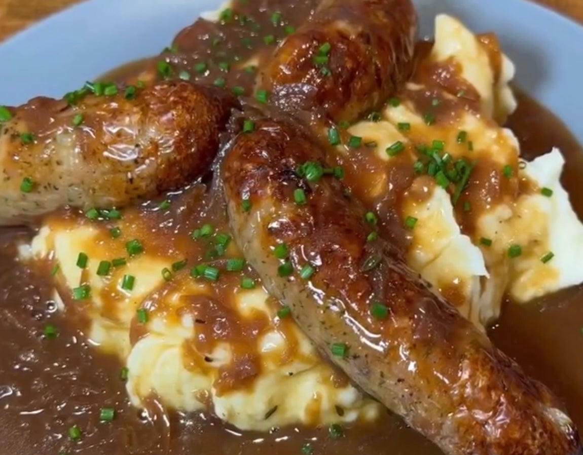 Bangers & Mash w/ Onion Gravy