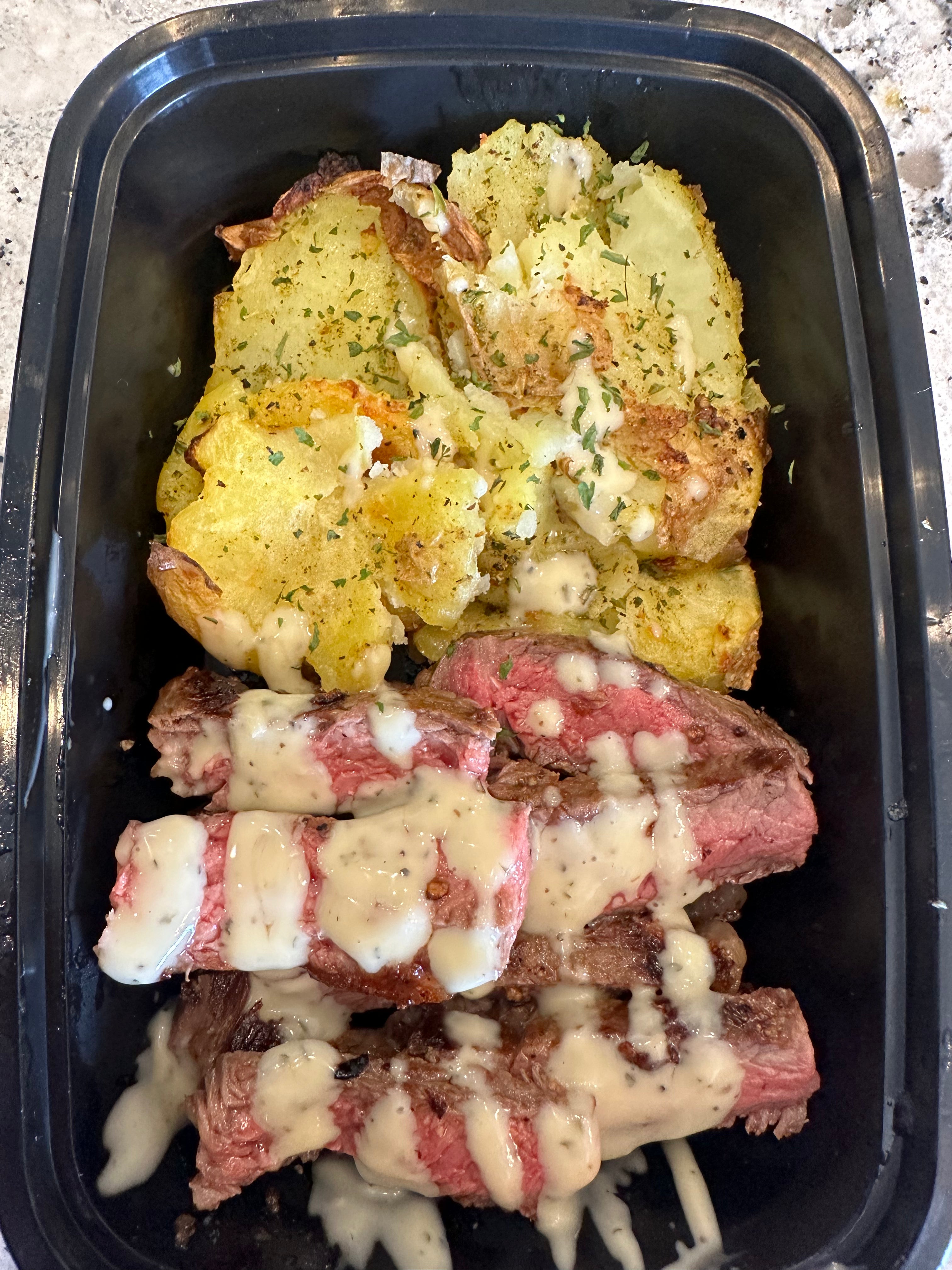 Creamy Horseradish Steak w/ Garlic Parmesan Smashed Potatoes