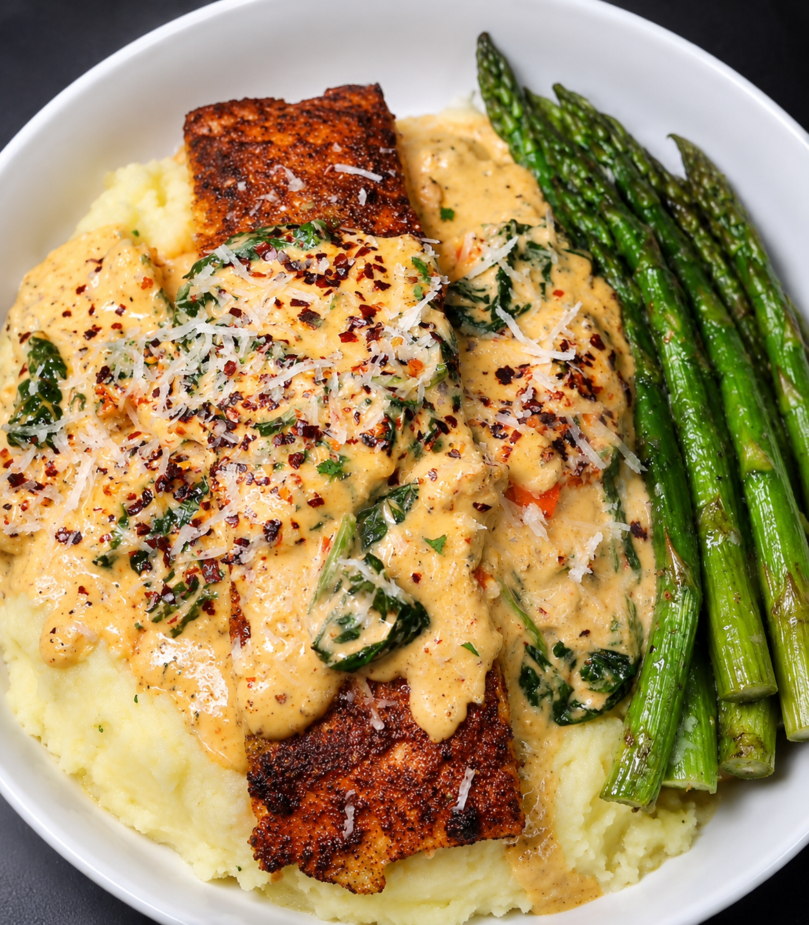 Creamy Tuscan Salmon & Garlic Mashed Potatoes