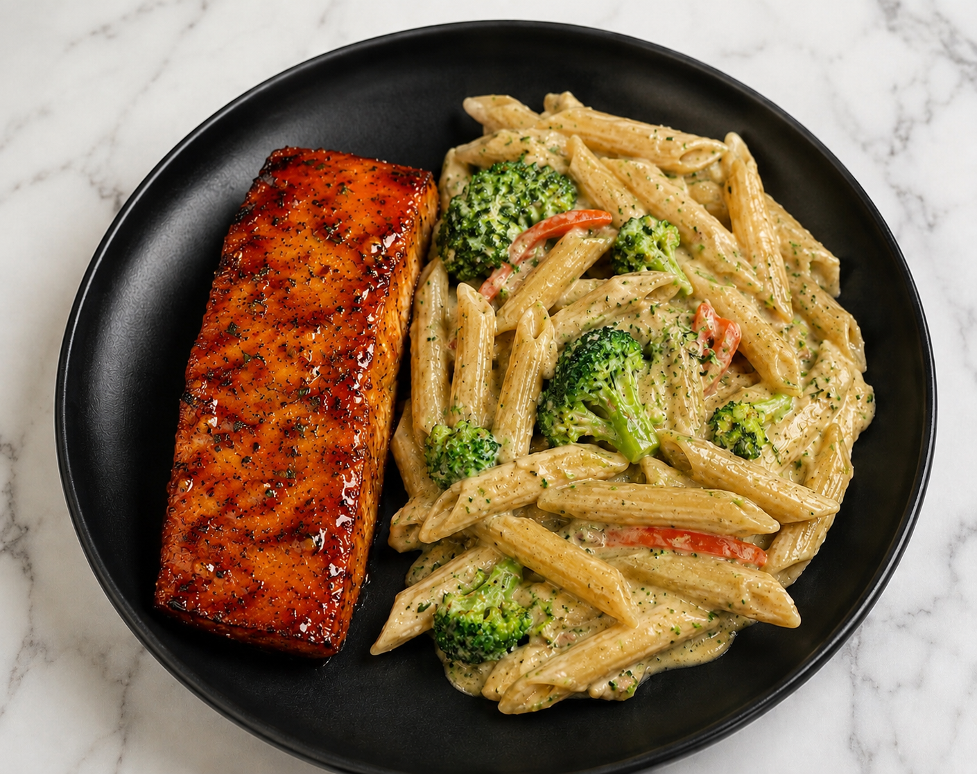 Hot Honey Salmon w/ Broccoli Alfredo Penne