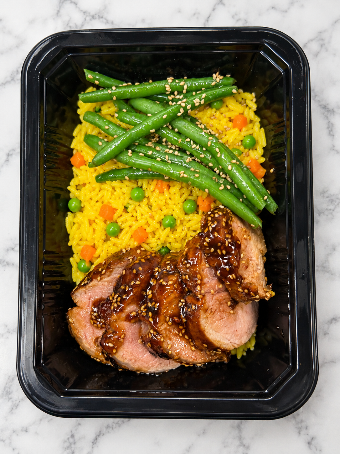 Sticky Asian Pork w/ Saffron Rice & Ginger Sesame Green Beans