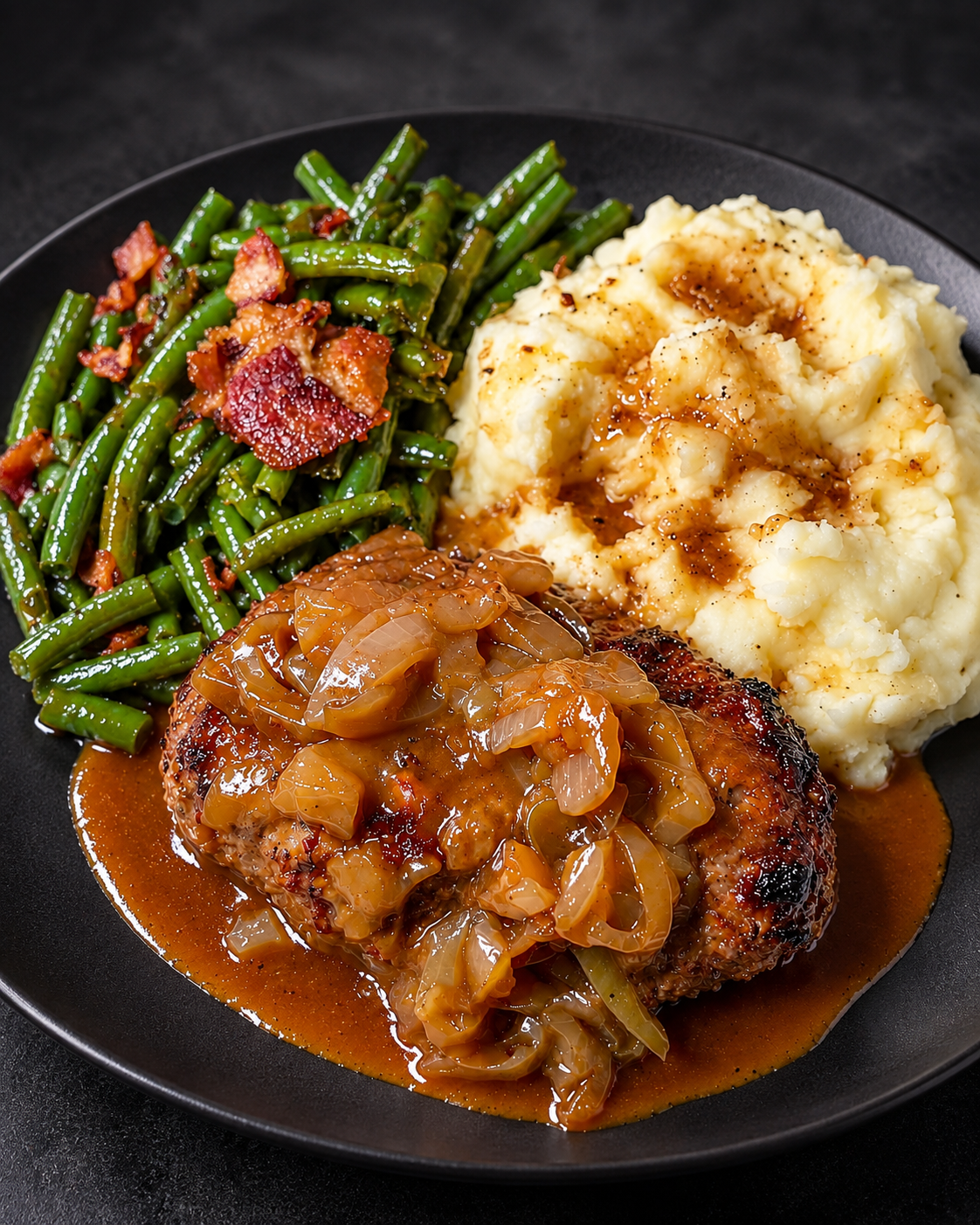 Salisbury Steak w/ Mashed Potatoes, Gravy & Bacon Green Beans