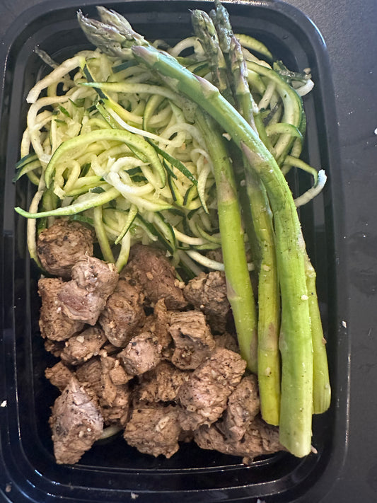 K29 Garlic Butter Steak, Zoodles & Asparagus